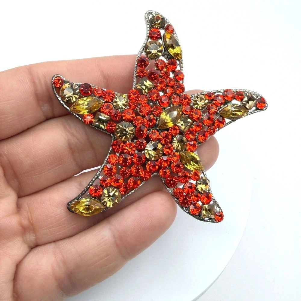 Vintage Red Yellow Rhinestones Silver-Tone‎ Aluminium Starfish-Shaped Brooch Pin